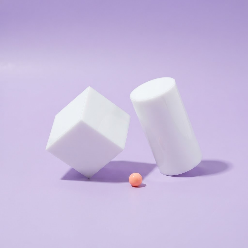 A glossy white cube and cylinder with a peach sphere on a pastel lavender background
