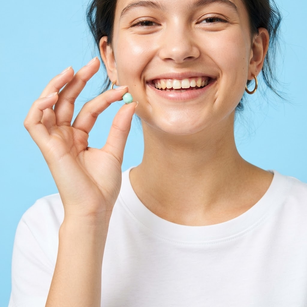 A smiling young person in a white t-shirt holding a small glossy mint-coloured object