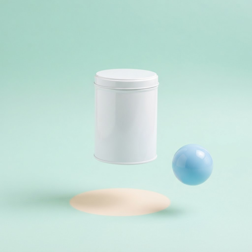 A glossy white POPGrove tin floating above a pastel mint backdrop beside a sky-blue sphere
