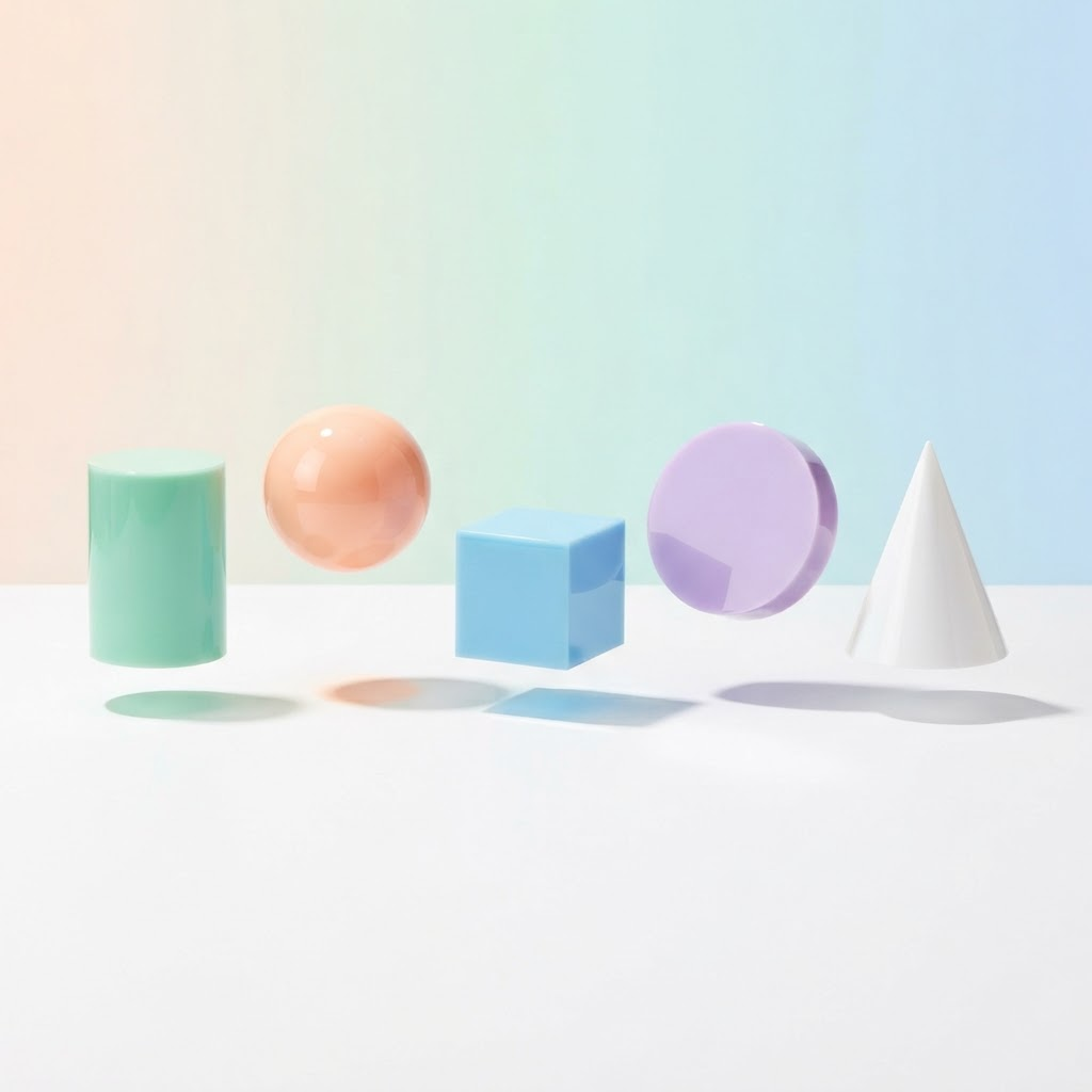 A row of glossy geometric objects in mint, peach, sky blue, lavender and white